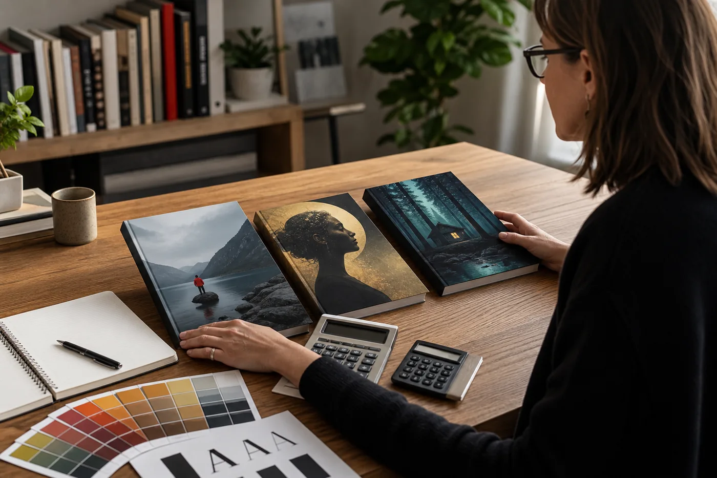 Book cover designer comparing professional cover concepts and project costs