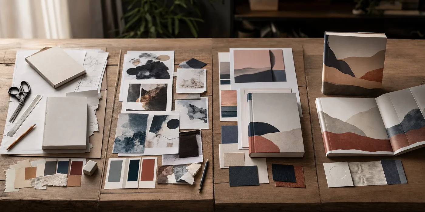 Different book cover production paths from simple drafts to premium print packages