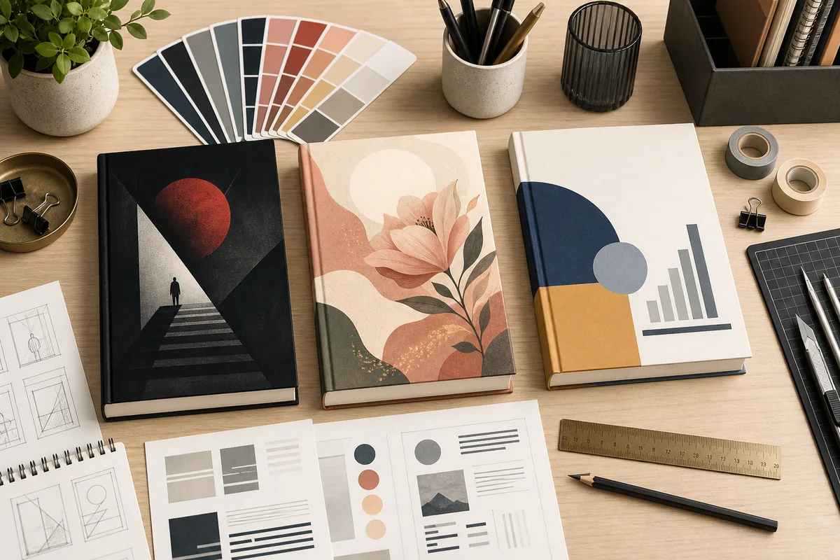 Three text-free book cover mockups on a design desk with color swatches and layout sheets