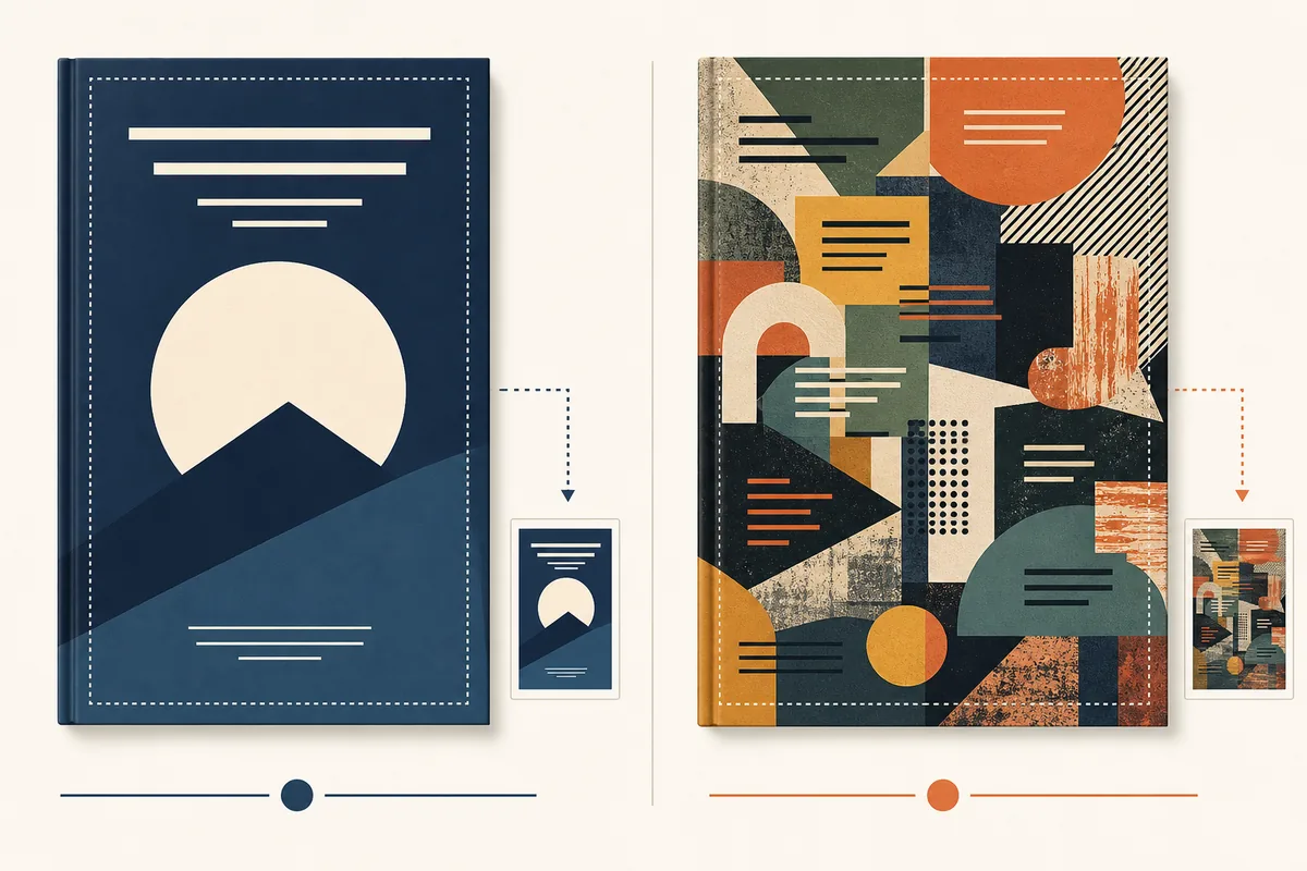 Text-free comparison of a readable simple book cover and a cluttered book cover at thumbnail size