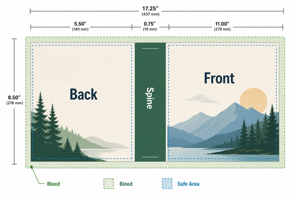 Paperback book cover dimensions diagram showing front cover, spine, back cover, bleed, and safe area