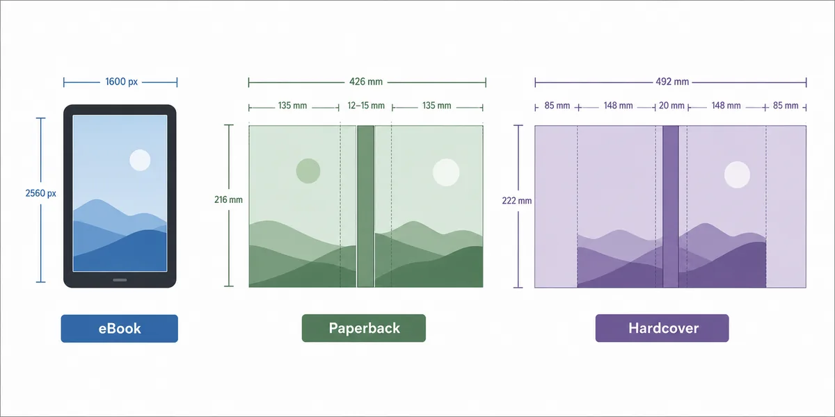 Comparison of eBook, paperback, and hardcover book cover size formats