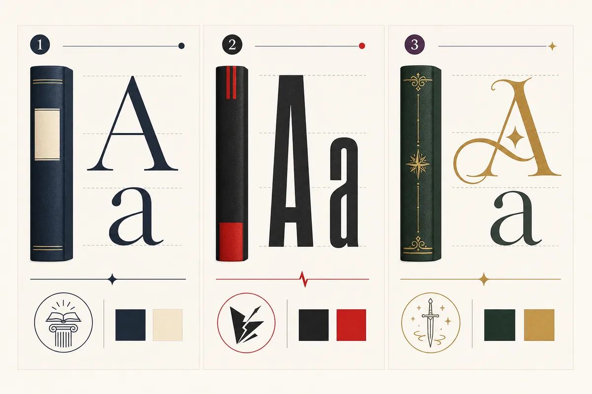 Editorial comparison of serif, sans serif, and decorative book cover font pairings