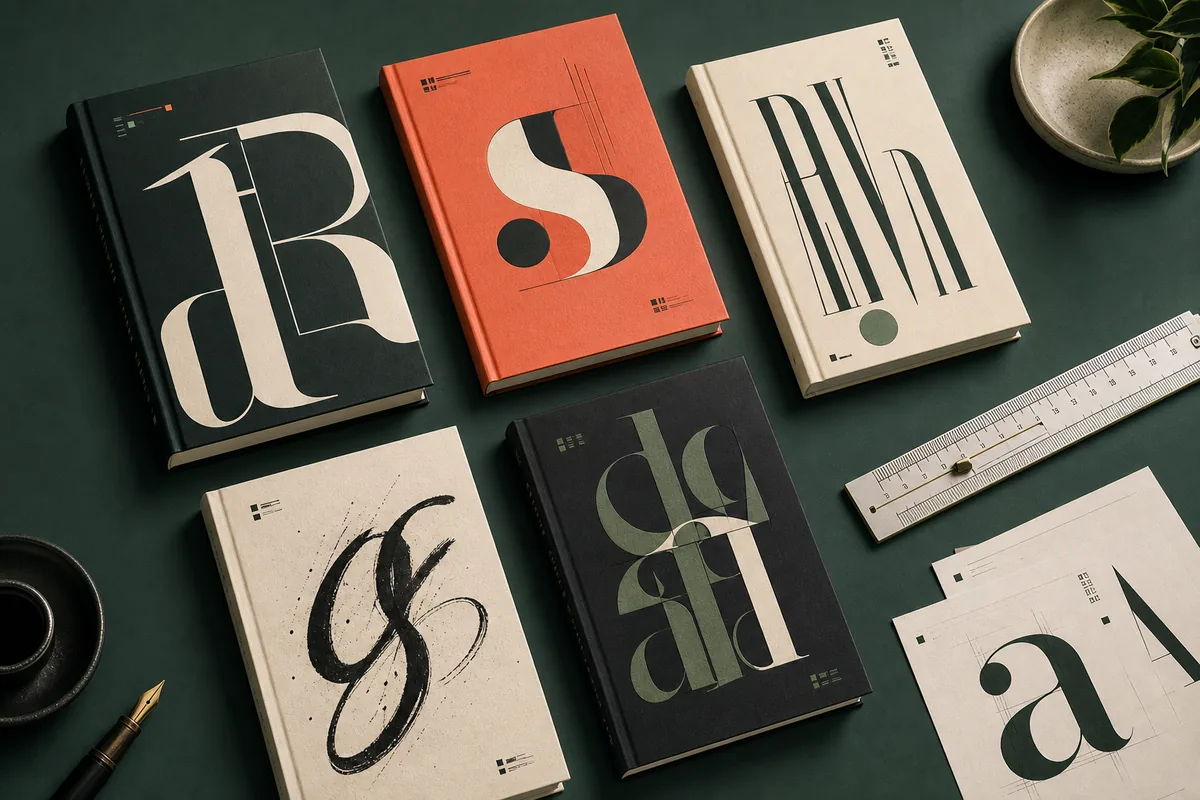 Book cover typography examples with different font moods and a design ruler