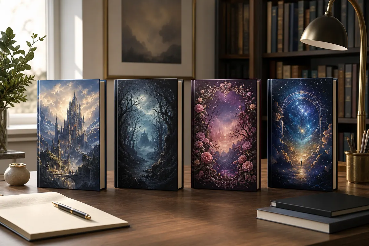 Text-free fantasy book cover mockups for epic fantasy, dark fantasy, romantasy, and cosmic fantasy styles