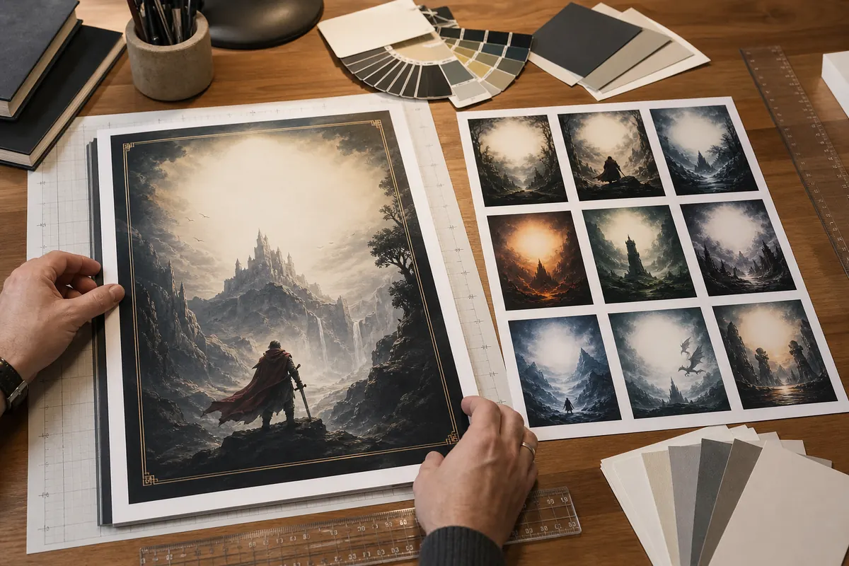Fantasy cover thumbnail readability review with text-free mockup, swatches, and design ruler