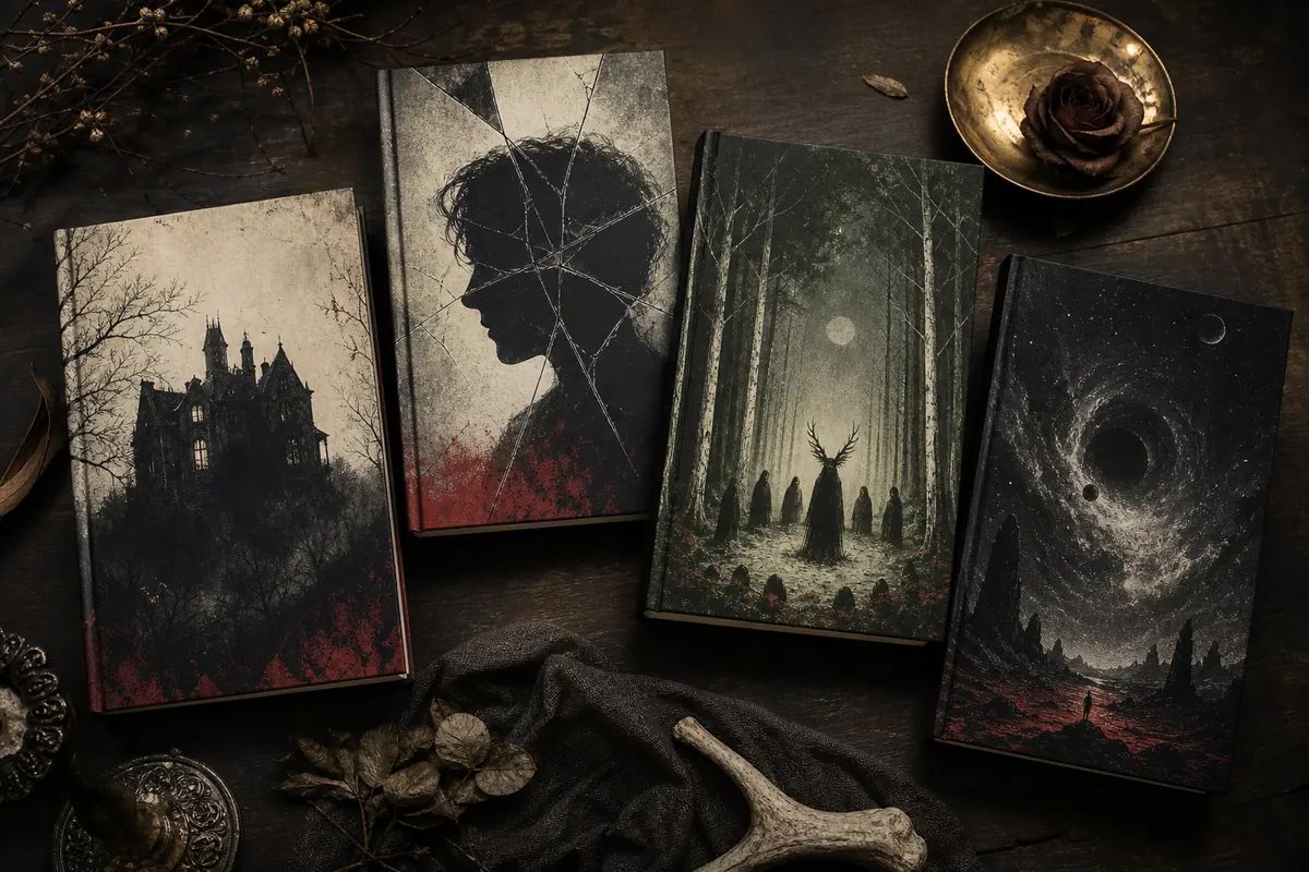 Four text-free horror book cover concepts for gothic, psychological, folk, and cosmic horror