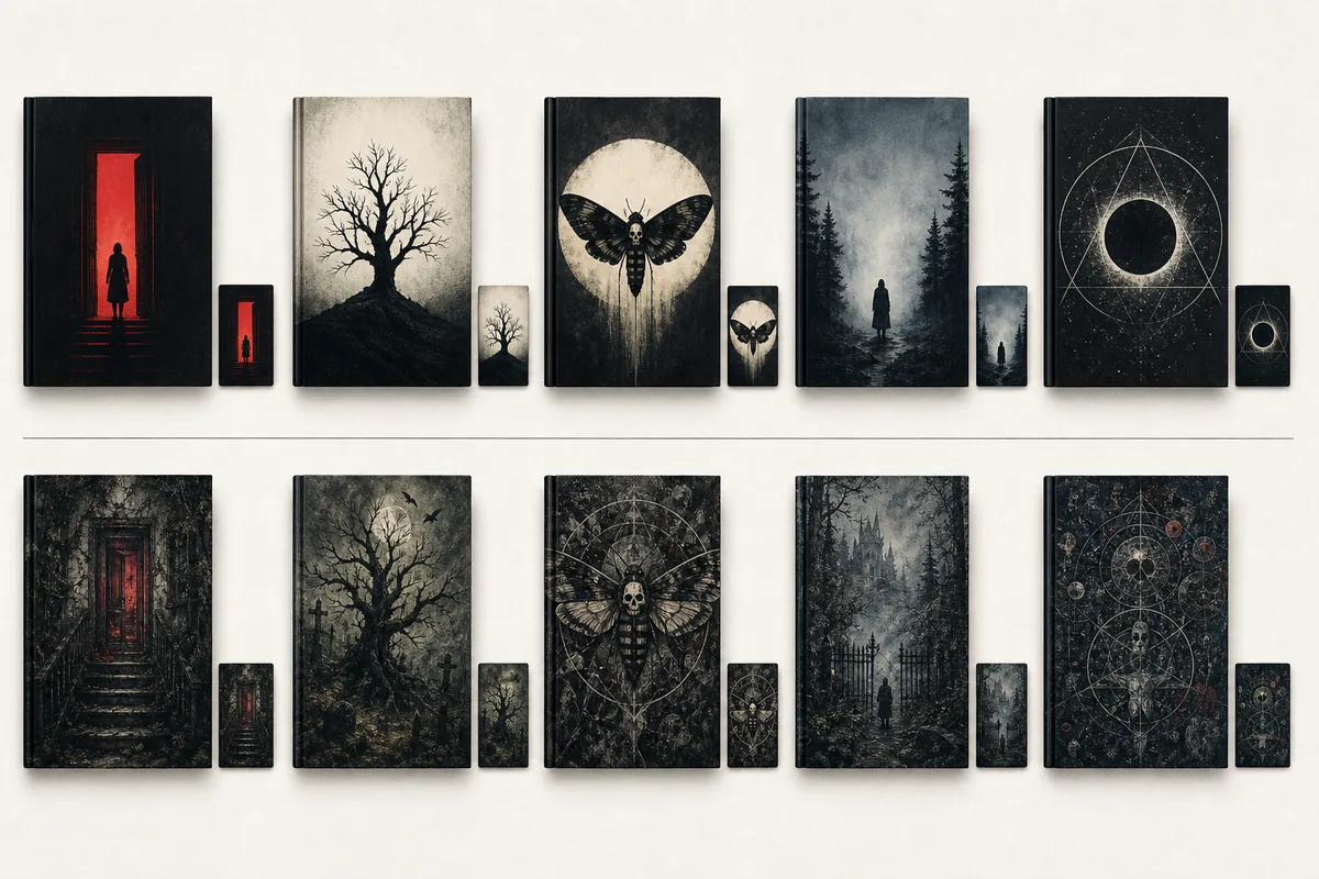 Text-free comparison of clear and crowded horror covers at full size and thumbnail size